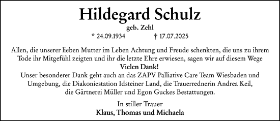 Traueranzeige von Hildegard Schulz von Idsteiner Land/Untertaunus