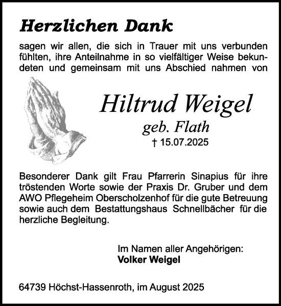 Traueranzeige von Hiltrud Weigel von Odenwälder Echo