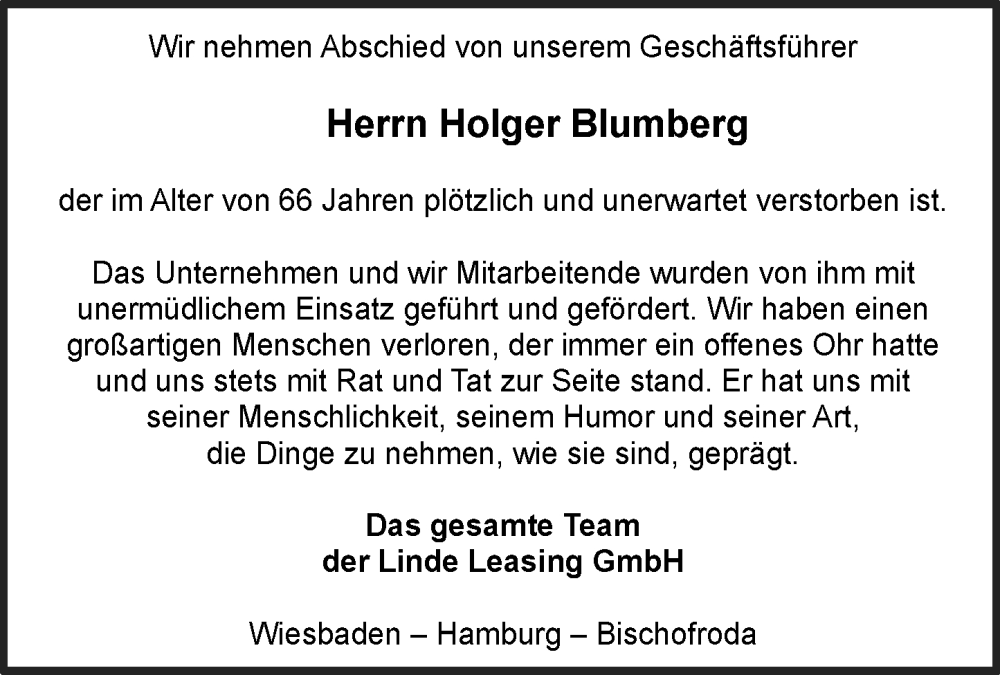  Traueranzeige für Holger Blumberg vom 26.08.2025 aus Wiesbadener Kurier