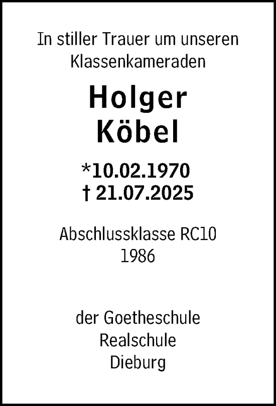 Traueranzeige von Holger Köbel von Dieburger Anzeiger/Groß-Zimmerner Lokal-Anzeiger