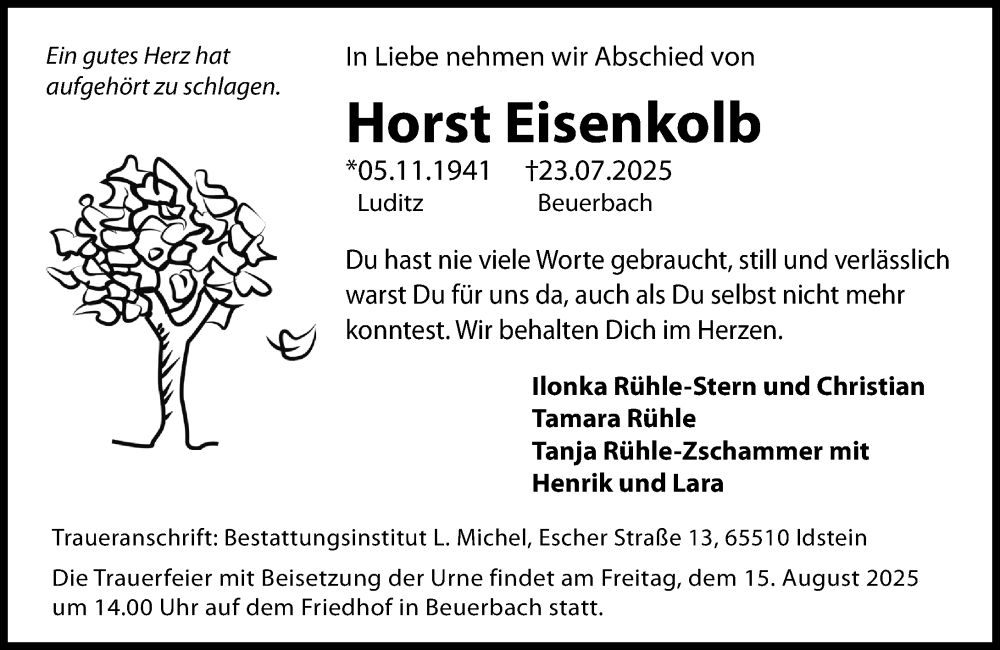  Traueranzeige für Horst Eisenkolb vom 07.08.2025 aus Camberger Anzeiger