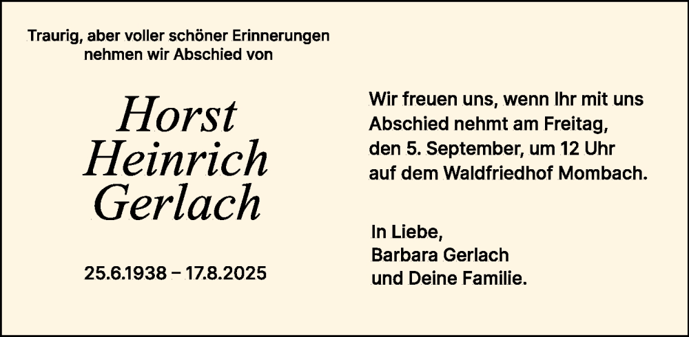  Traueranzeige für Horst Gerlach vom 29.08.2025 aus Allgemeine Zeitung Mainz