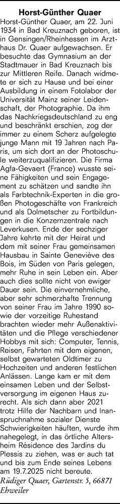  Traueranzeige für Horst-Günther Quaer vom 21.08.2025 aus Allgemeine Zeitung Rheinhessen-Nahe