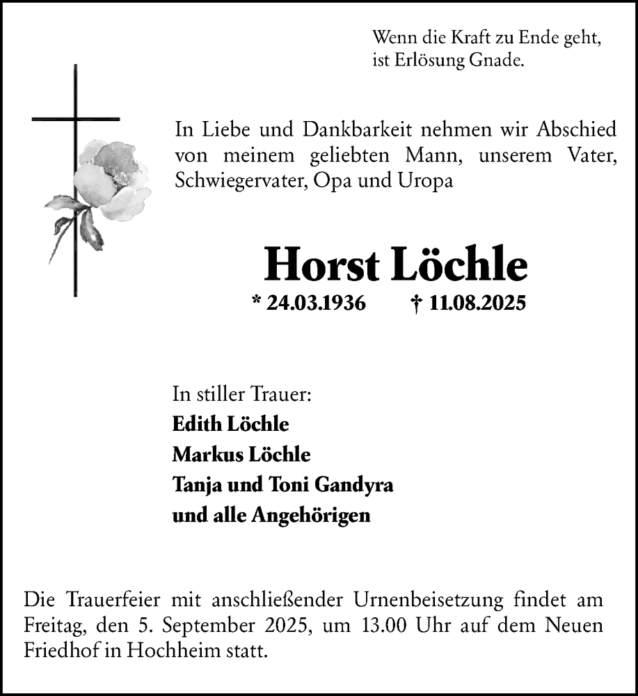  Traueranzeige für Horst Löchle vom 29.08.2025 aus Hochheimer Zeitung