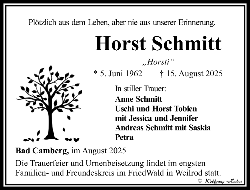  Traueranzeige für Horst Schmitt vom 28.08.2025 aus Camberger Anzeiger