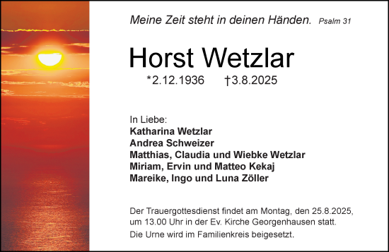 Traueranzeige von Horst Wetzlar von Darmstädter Echo