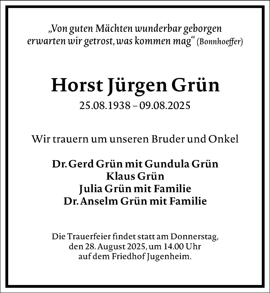 Traueranzeige für Horst Jürgen Grün vom 23.08.2025 aus Darmstädter Echo