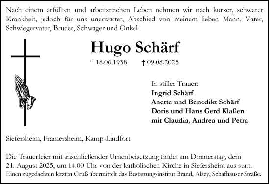 Traueranzeige von Hugo Schärf von Allgemeine Zeitung Alzey