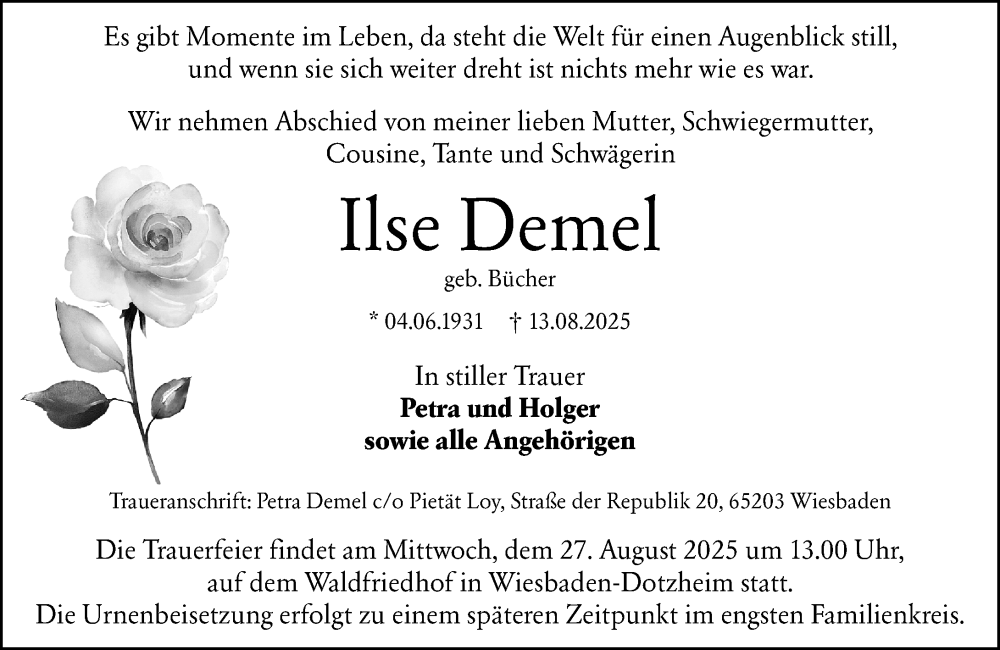  Traueranzeige für Ilse Demel vom 23.08.2025 aus Wiesbadener Kurier