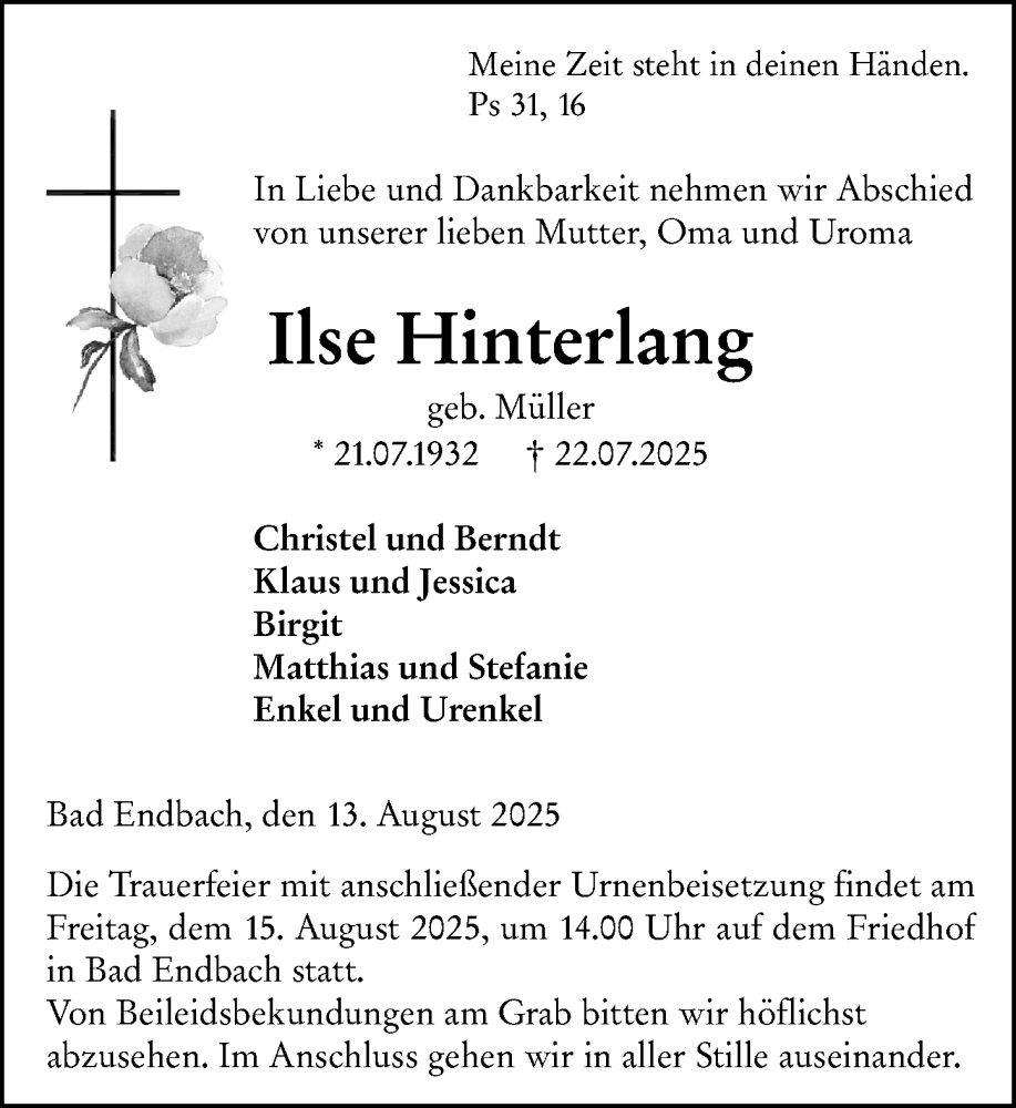  Traueranzeige für Ilse Hinterlang vom 13.08.2025 aus Hinterländer Anzeiger