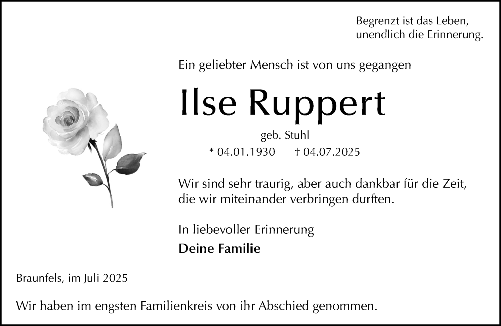  Traueranzeige für Ilse Ruppert vom 09.08.2025 aus Wetzlarer Neue Zeitung