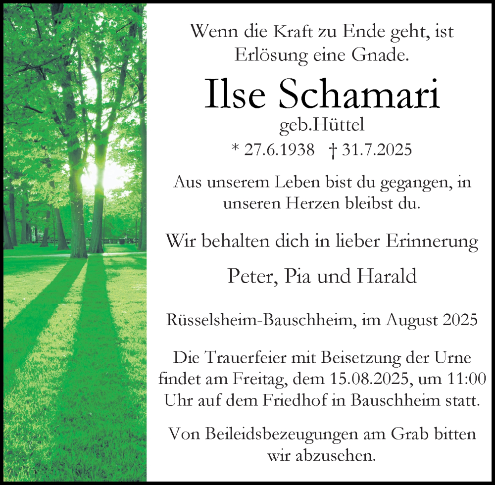  Traueranzeige für Ilse Schamari vom 09.08.2025 aus Rüsselsheimer Echo
