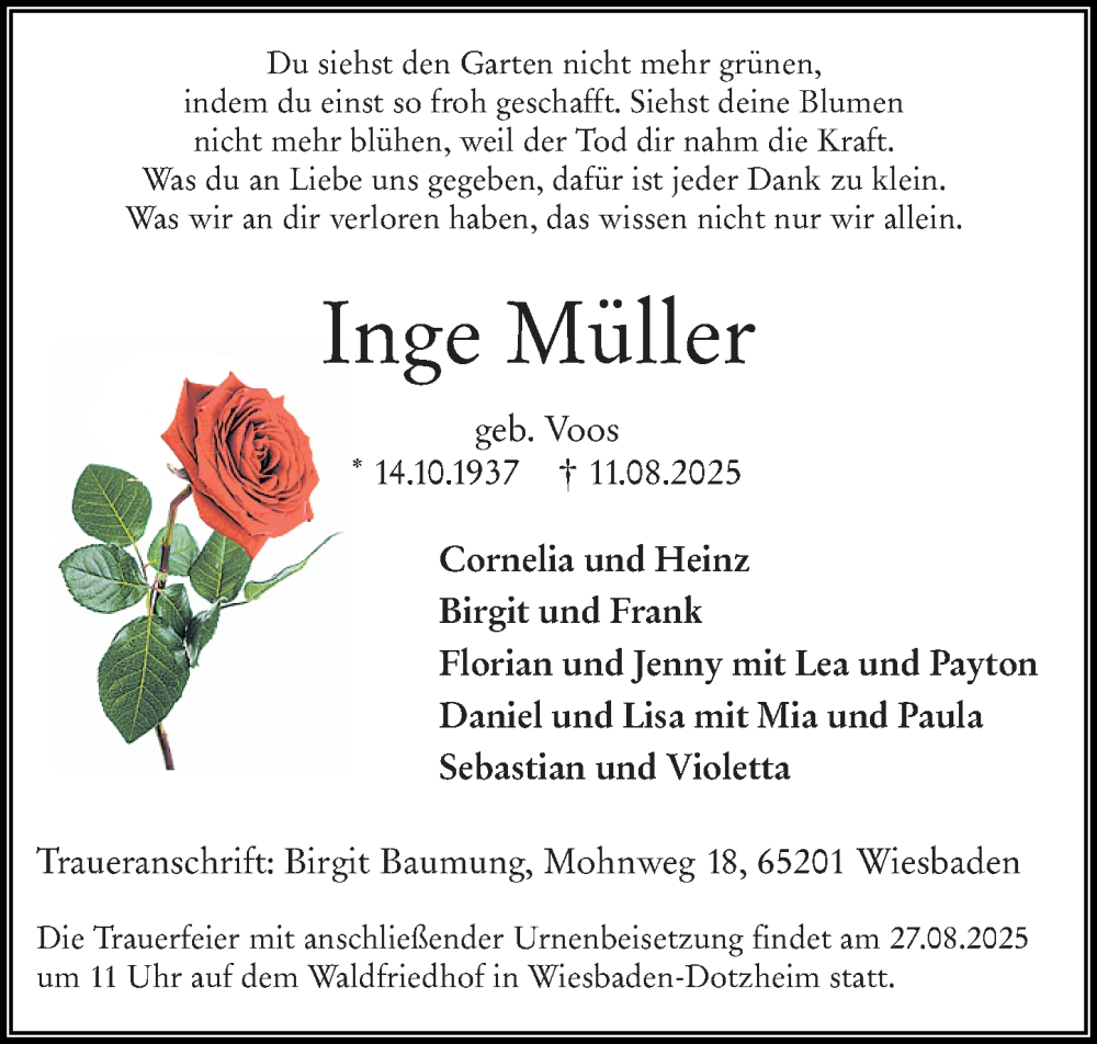  Traueranzeige für Inge Müller vom 16.08.2025 aus Wiesbadener Kurier