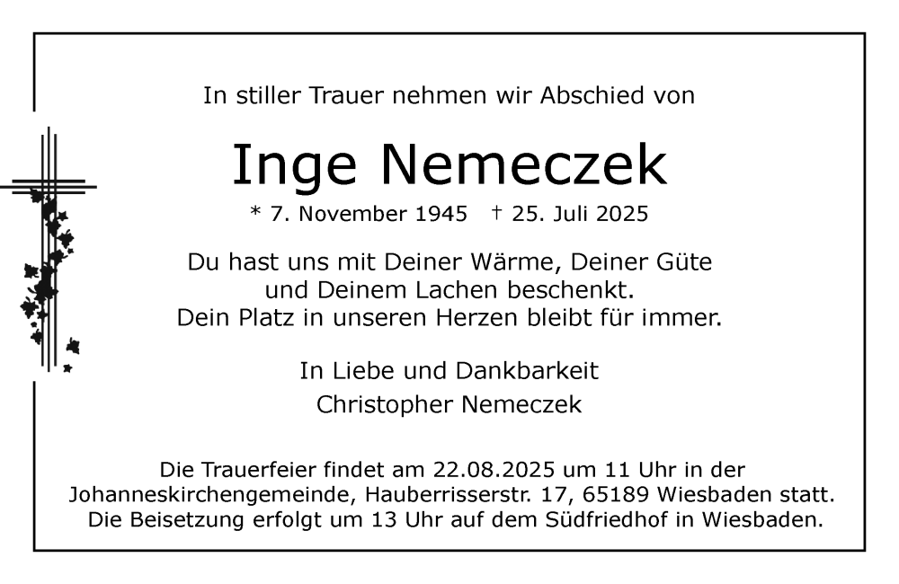  Traueranzeige für Inge Nemeczek vom 16.08.2025 aus Wiesbadener Kurier