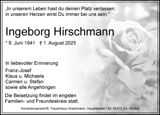 Traueranzeige von Ingeborg Hirschmann von Wiesbadener Kurier