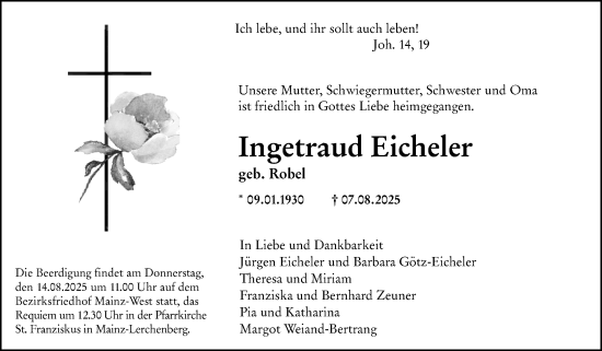 Traueranzeige von Ingetraud Eicheler von Allgemeine Zeitung Mainz