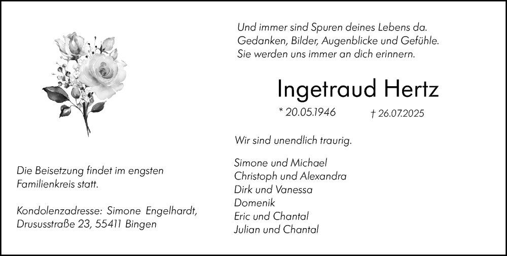  Traueranzeige für Ingetraud Hertz vom 02.08.2025 aus Binger-/Ingelheimer Wochenblatt