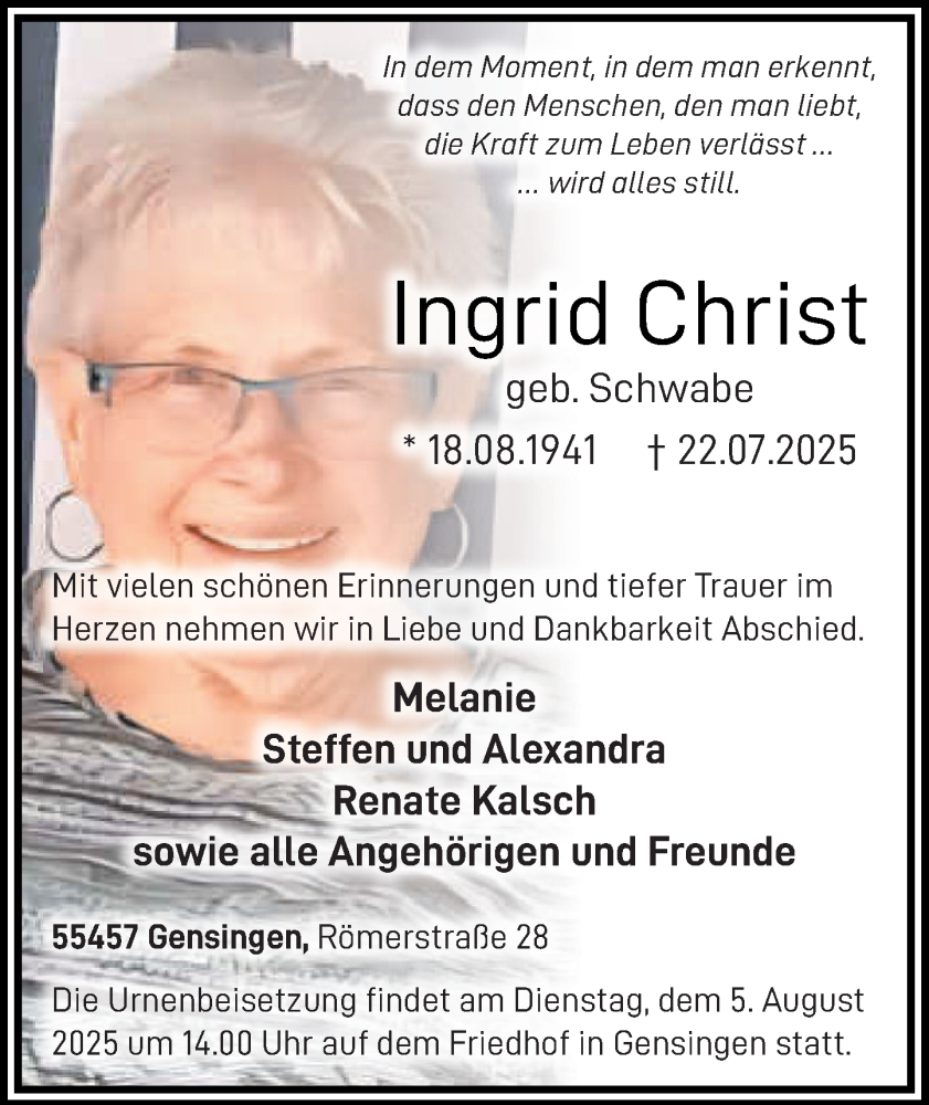  Traueranzeige für Ingrid Christ vom 02.08.2025 aus Allgemeine Zeitung Rheinhessen-Nahe