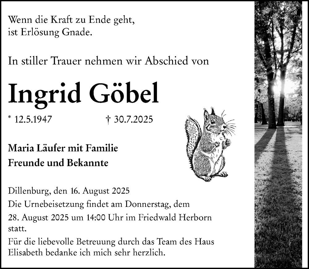  Traueranzeige für Ingrid Göbel vom 16.08.2025 aus Dill Block