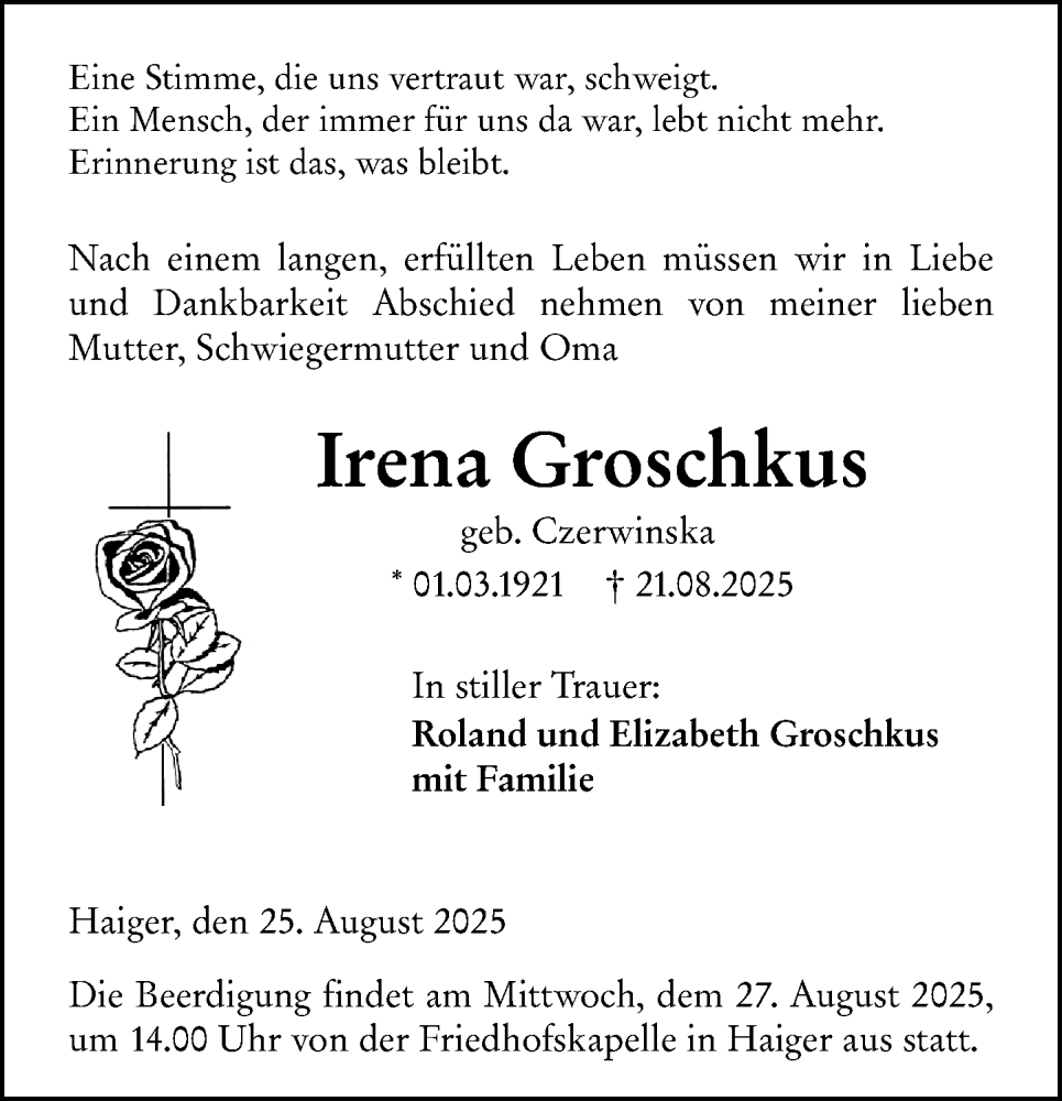  Traueranzeige für Irena Groschkus vom 25.08.2025 aus Dill Block