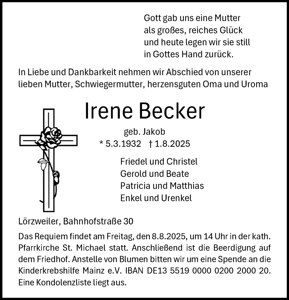  Traueranzeige für Irene Becker vom 06.08.2025 aus Allgemeine Zeitung Mainz