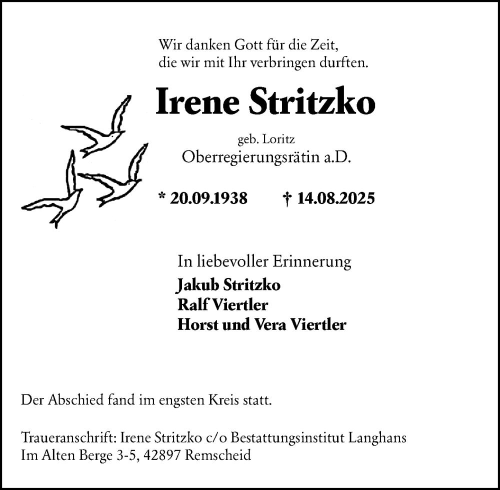  Traueranzeige für Irene Stritzko vom 23.08.2025 aus Wiesbadener Kurier