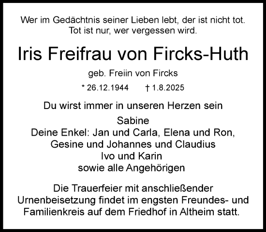 Traueranzeige von Iris Freifrau von Fircks-Huth von Darmstädter Echo