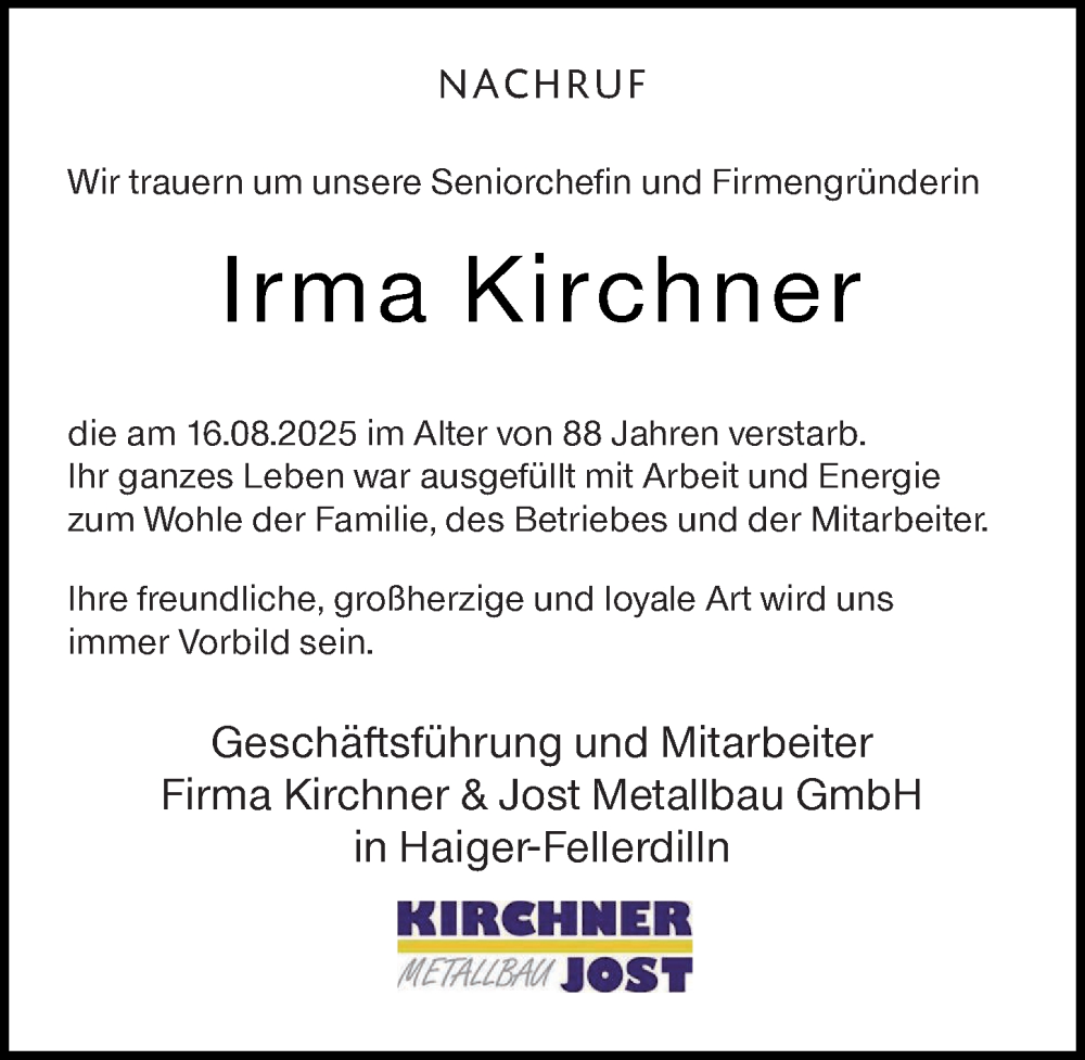  Traueranzeige für Irma Kirchner vom 21.08.2025 aus Dill Block