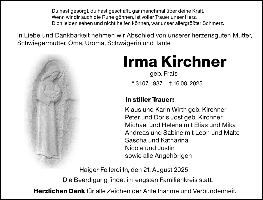  Traueranzeige für Irma Kirchner vom 21.08.2025 aus Dill Block