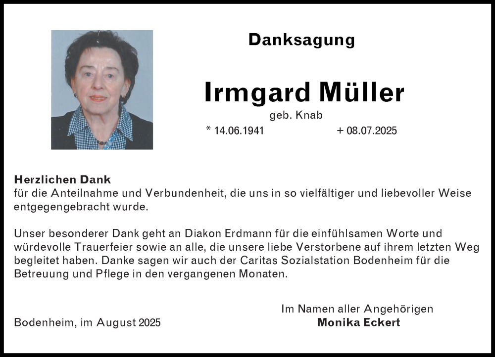  Traueranzeige für Irmgard Müller vom 02.08.2025 aus Allgemeine Zeitung Mainz