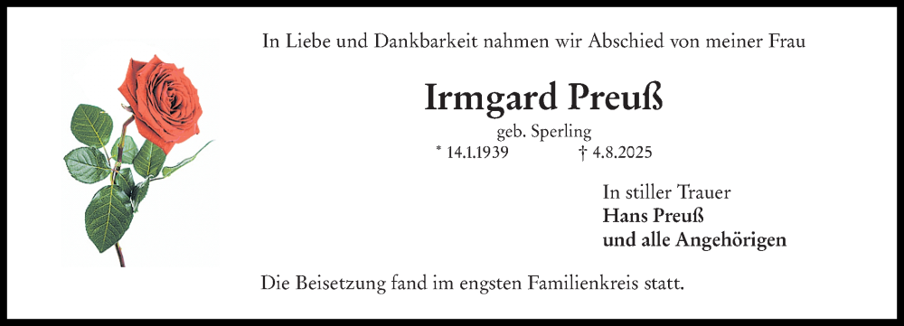  Traueranzeige für Irmgard Preuß vom 16.08.2025 aus Darmstädter Echo