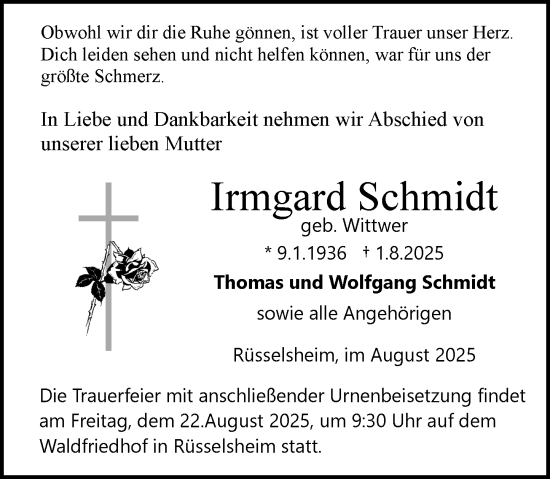 Traueranzeige von Irmgard Schmidt von Rüsselsheimer Echo