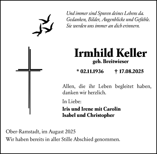 Traueranzeige von Irmhild Keller von Darmstädter Echo