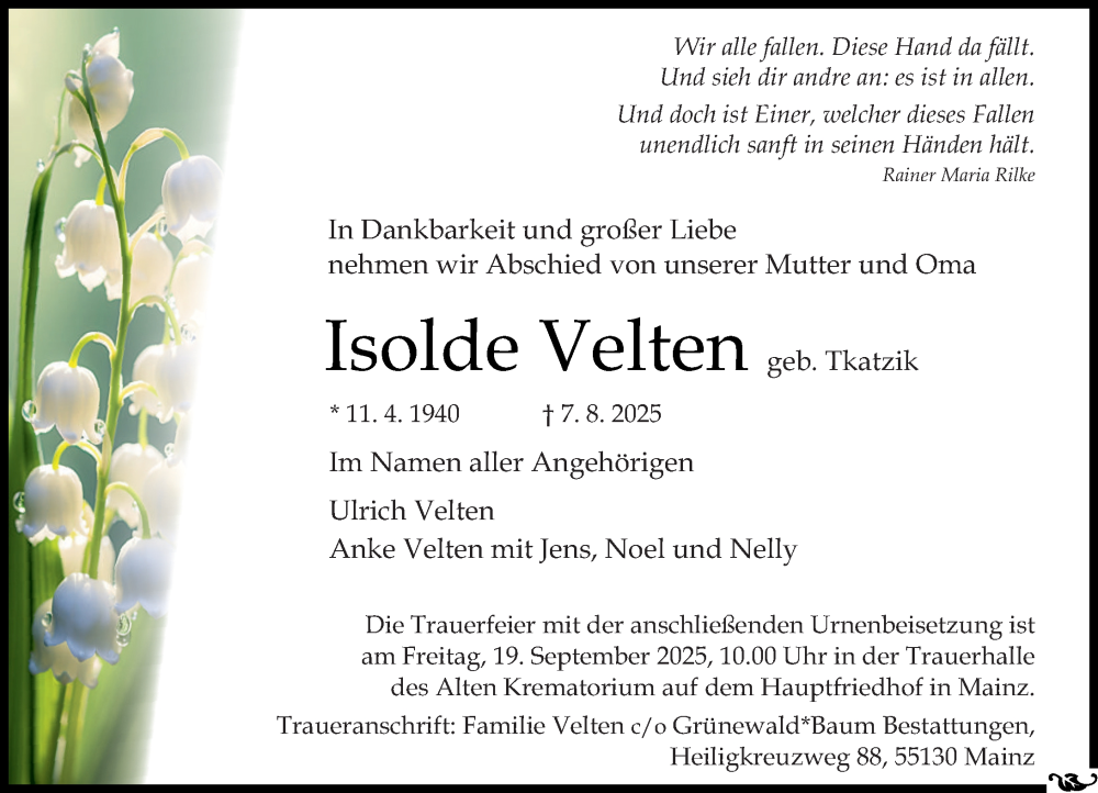  Traueranzeige für Isolde Velten vom 23.08.2025 aus Allgemeine Zeitung Mainz