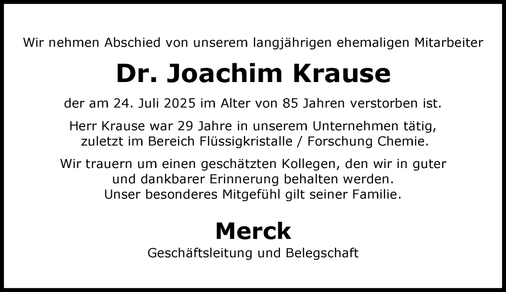  Traueranzeige für Joachim Krause vom 09.08.2025 aus Darmstädter Echo