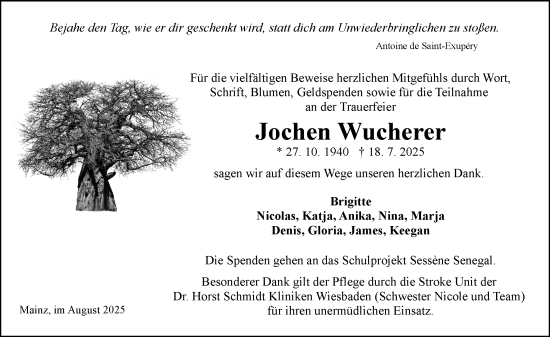 Traueranzeige von Jochen Wucherer von Allgemeine Zeitung Mainz