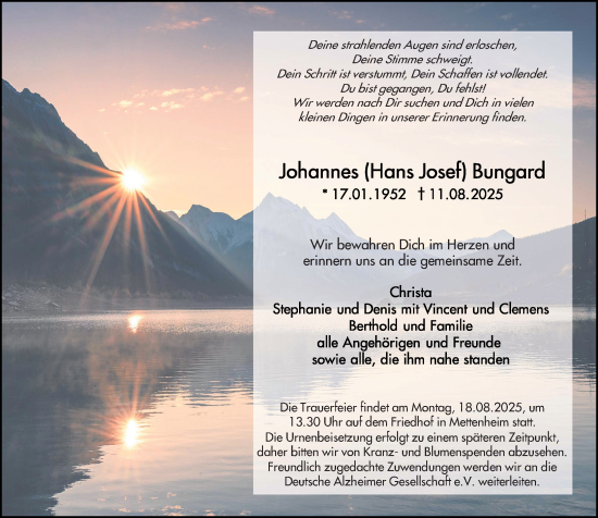 Traueranzeige von Johannes Bungard von Wormser Zeitung