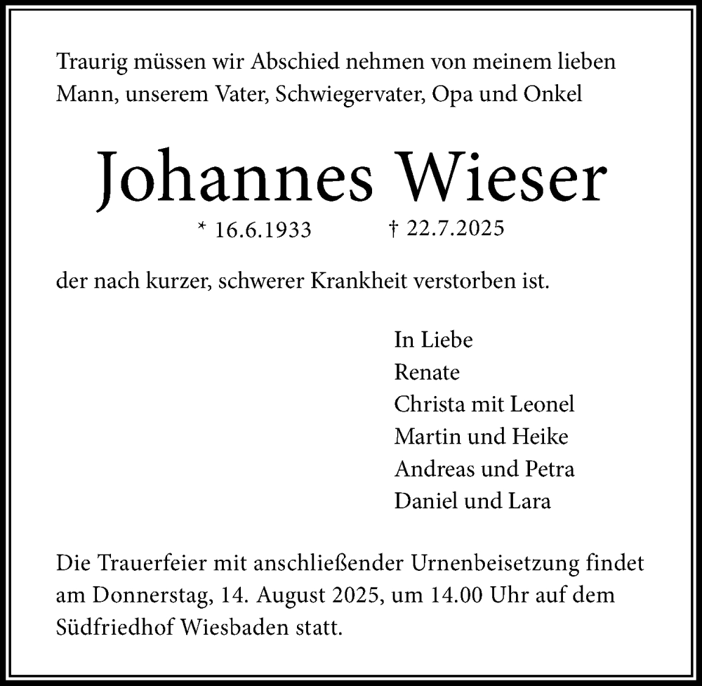  Traueranzeige für Johannes Wieser vom 02.08.2025 aus Wiesbadener Kurier