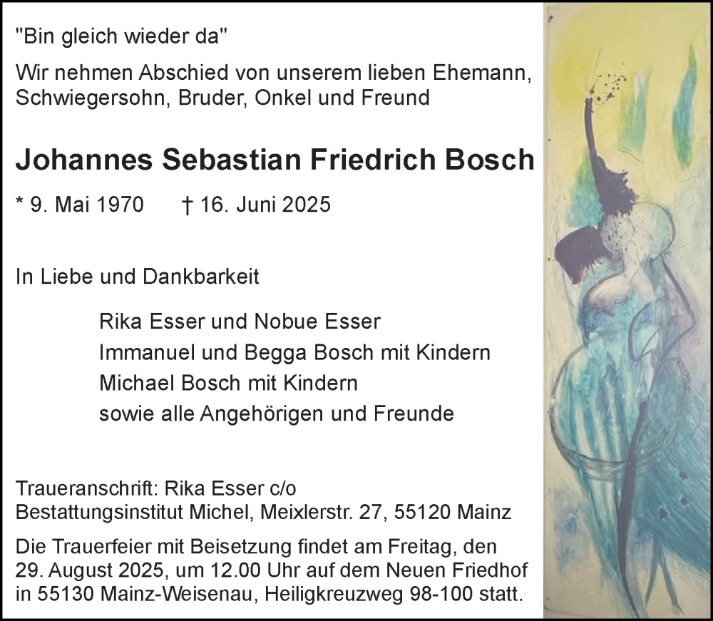  Traueranzeige für Johannes Sebastian Friedrich Bosch vom 16.08.2025 aus Allgemeine Zeitung Mainz