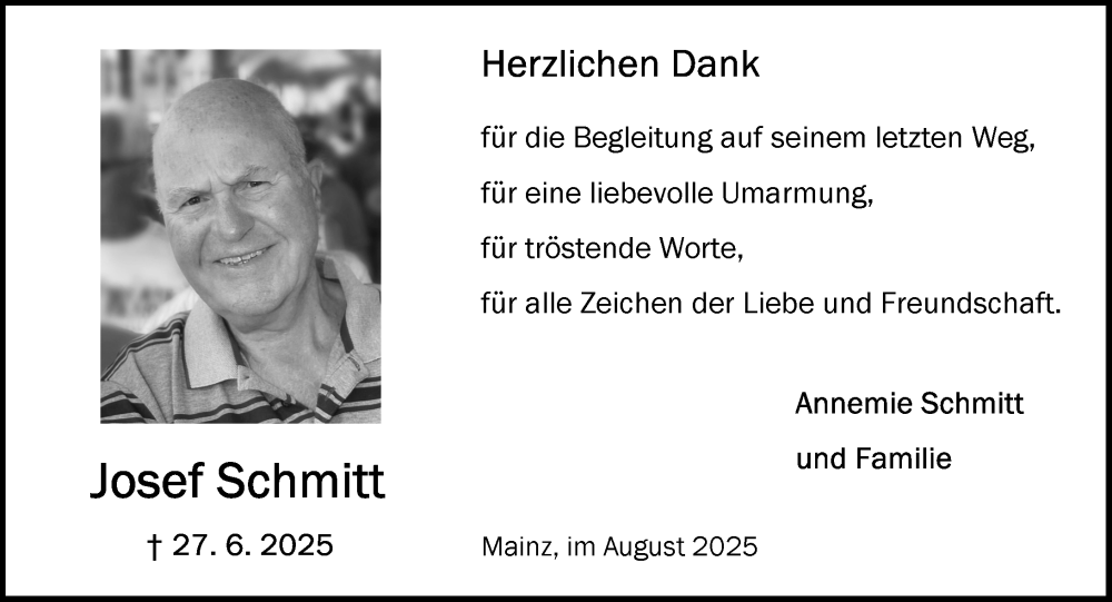  Traueranzeige für Josef Schmitt vom 09.08.2025 aus Allgemeine Zeitung Mainz