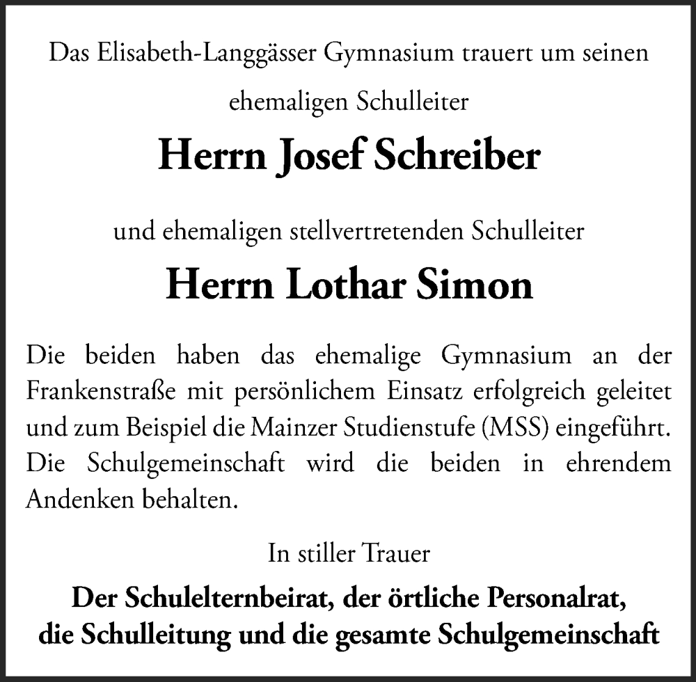  Traueranzeige für Josef Schreiber vom 02.08.2025 aus Allgemeine Zeitung Alzey