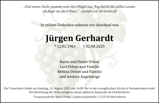 Traueranzeige von Jürgen Gerhardt von Allgemeine Zeitung Alzey