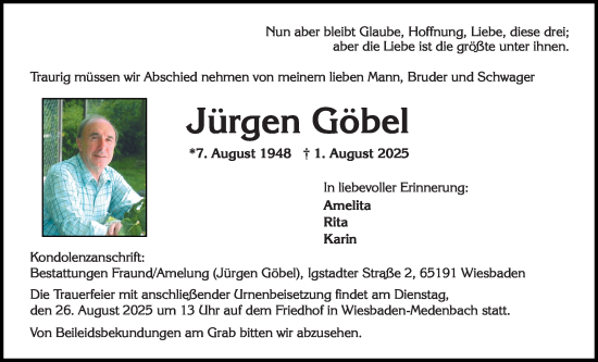 Traueranzeige von Jürgen Göbel von Wiesbadener Kurier