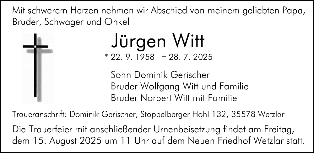  Traueranzeige für Jürgen Witt vom 12.08.2025 aus Wetzlarer Neue Zeitung