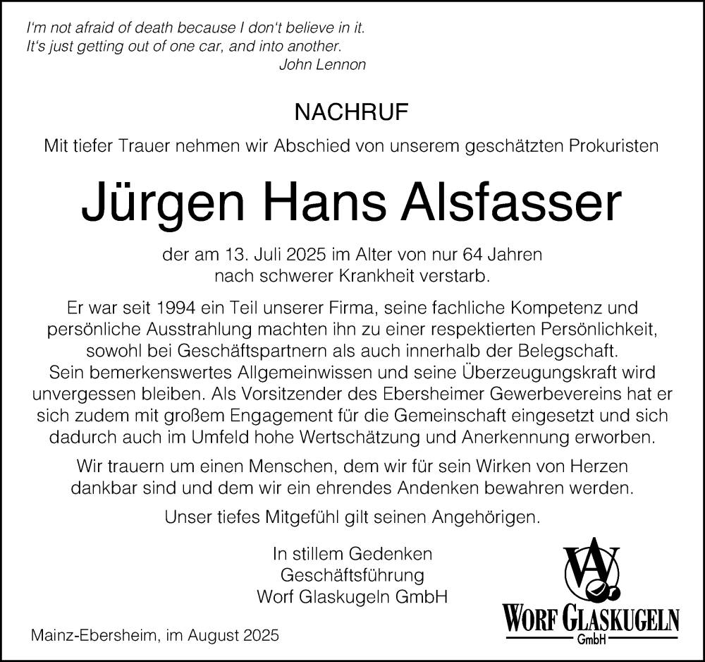  Traueranzeige für Jürgen Hans Alsfasser vom 16.08.2025 aus Allgemeine Zeitung Mainz