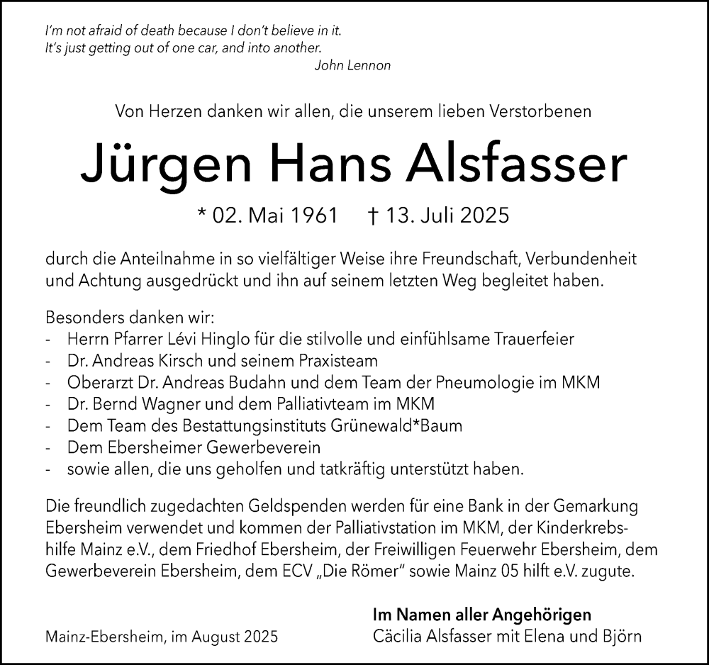  Traueranzeige für Jürgen Hans Alsfasser vom 16.08.2025 aus Allgemeine Zeitung Mainz