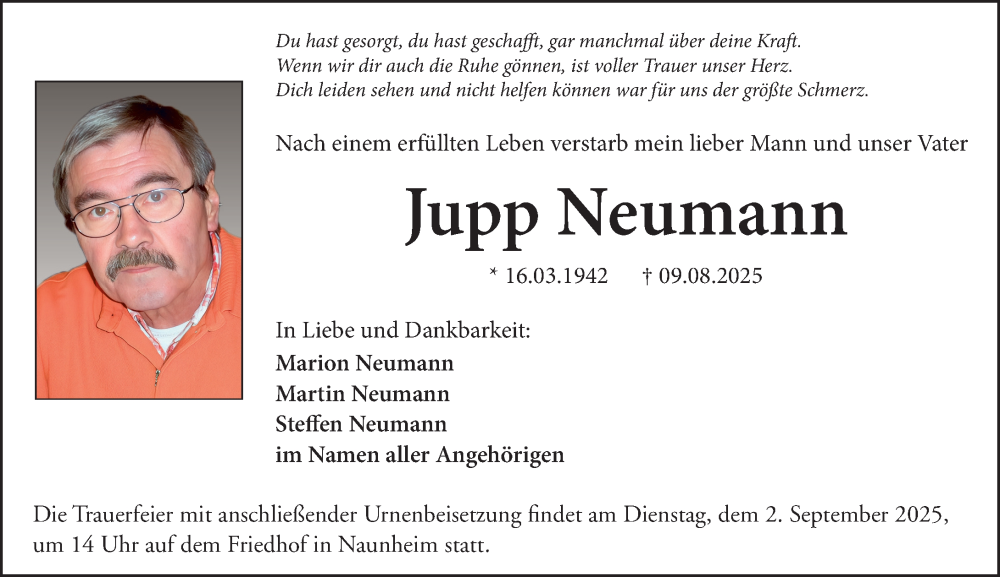  Traueranzeige für Jupp Neumann vom 23.08.2025 aus Wetzlarer Neue Zeitung