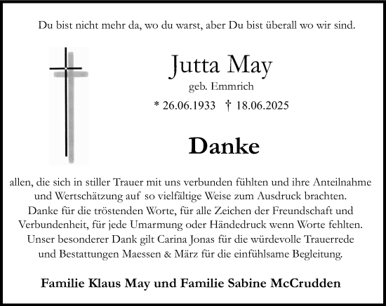 Traueranzeige von Jutta May von Allgemeine Zeitung Rheinhessen-Nahe