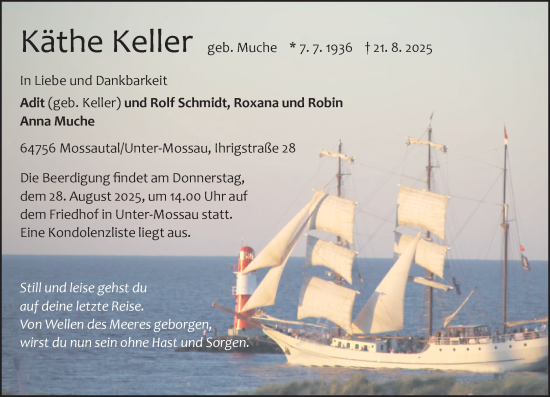 Traueranzeige von Käthe Keller von Odenwälder Echo