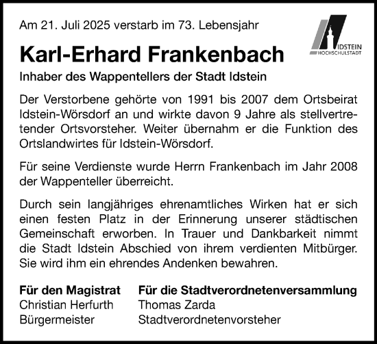 Traueranzeige von Karl-Erhard Frankenbach von Idsteiner Land/Untertaunus